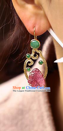 Chinese Handmade Jadeite Ear Accessories Traditional Cheongsam Tourmaline Goldfish Earrings