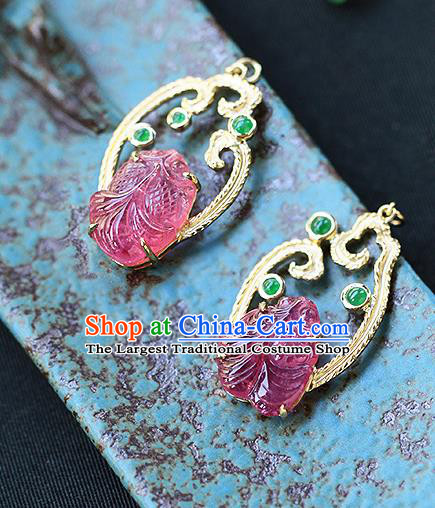 Chinese Handmade Jadeite Ear Accessories Traditional Cheongsam Tourmaline Goldfish Earrings