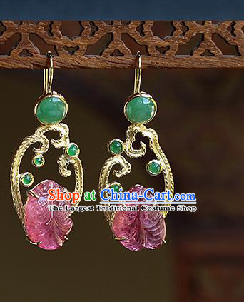 Chinese Handmade Jadeite Ear Accessories Traditional Cheongsam Tourmaline Goldfish Earrings