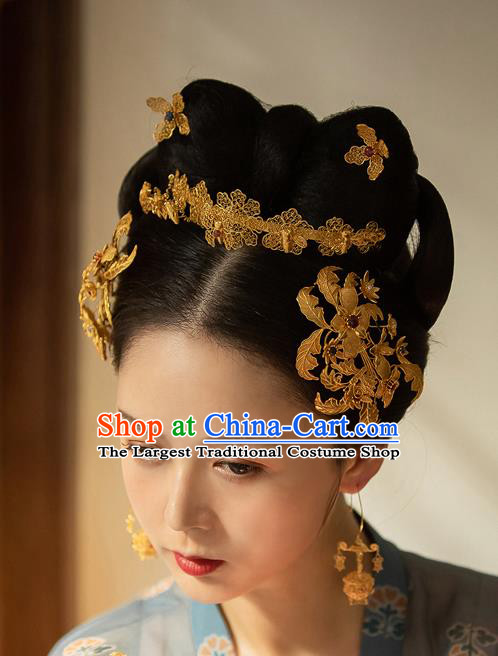 China Ancient Empress Ruby Hair Crown Traditional Ming Dynasty Court Filigree Butterfly Hairpin