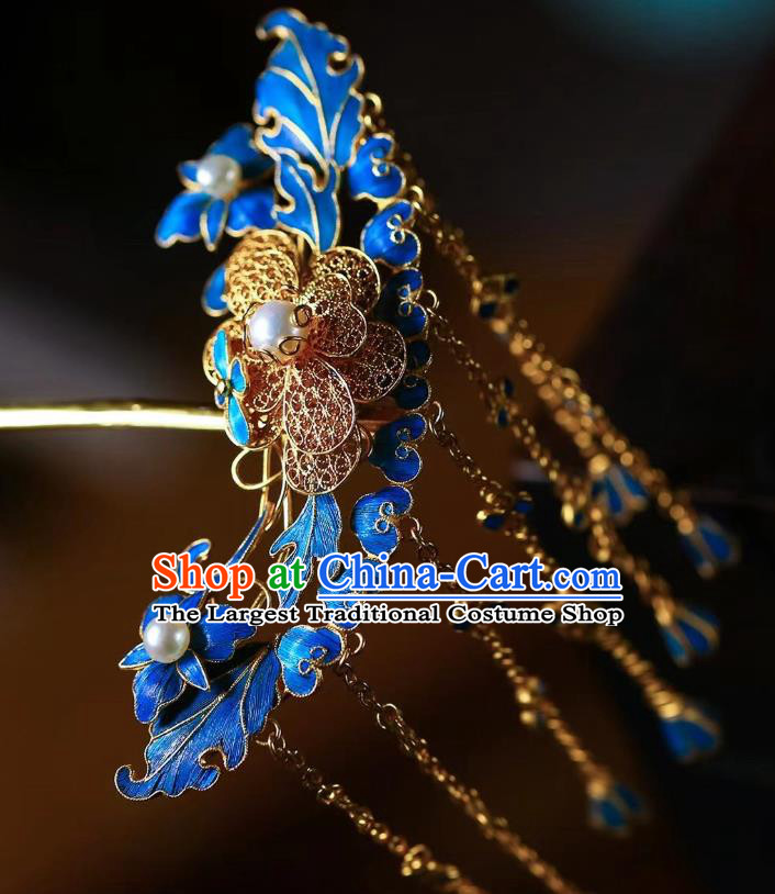 China Traditional Qing Dynasty Filigree Hair Accessories Handmade Ancient Imperial Consort Blueing Tassel Hairpin