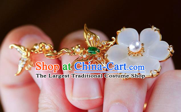 Chinese Handmade Jade Flower Ear Accessories Traditional Golden Butterfly Earrings