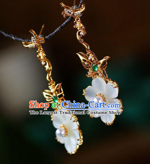 Chinese Handmade Jade Flower Ear Accessories Traditional Golden Butterfly Earrings