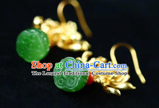 Chinese Handmade National Golden Chrysanthemum Ear Accessories Traditional Cheongsam Jade Lotus Seedpod Earrings