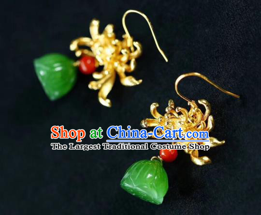 Chinese Handmade National Golden Chrysanthemum Ear Accessories Traditional Cheongsam Jade Lotus Seedpod Earrings