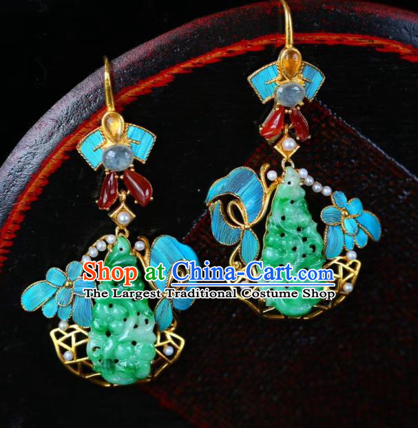 Chinese Handmade Ancient Qing Dynasty Imperial Consort Ear Accessories Traditional Cheongsam Jadeite Earrings