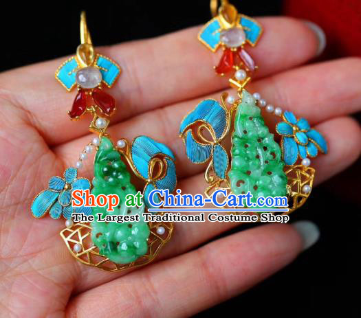 Chinese Handmade Ancient Qing Dynasty Imperial Consort Ear Accessories Traditional Cheongsam Jadeite Earrings
