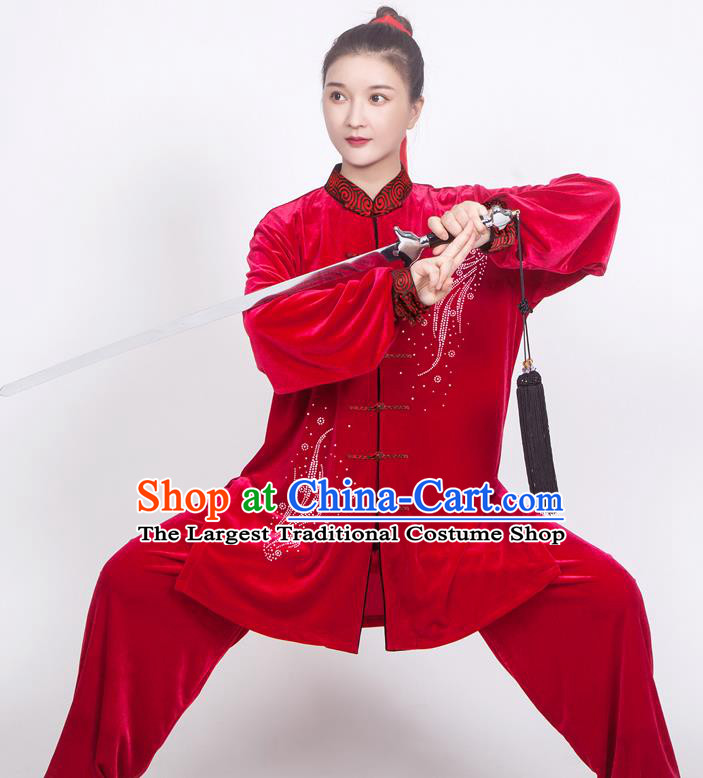China Tai Chi Costumes Traditional Kung Fu Red Velvet Uniforms Tai Ji Training Clothing