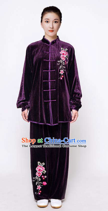 China Tai Chi Training Purple Velvet Costumes Traditional Embroidered Rose Kung Fu Uniforms Martial Arts Clothing