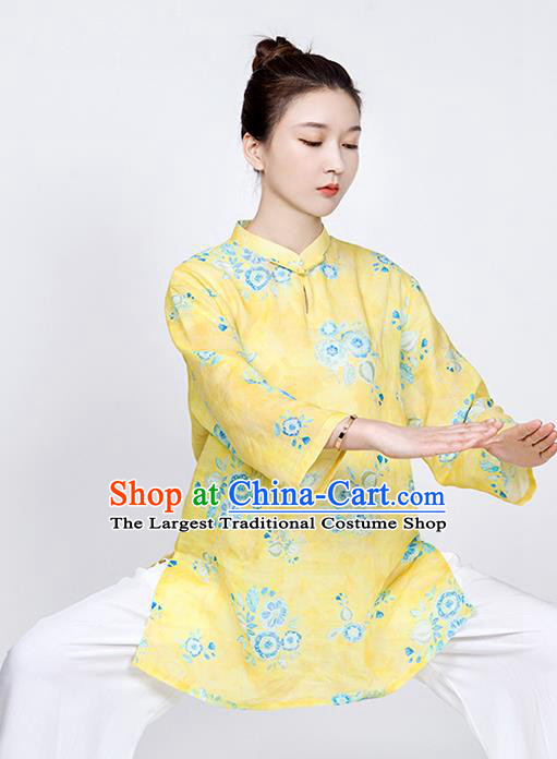 China Printing Flowers Yellow Flax Blouse Martial Arts Clothing Traditional Tai Chi Training Costume