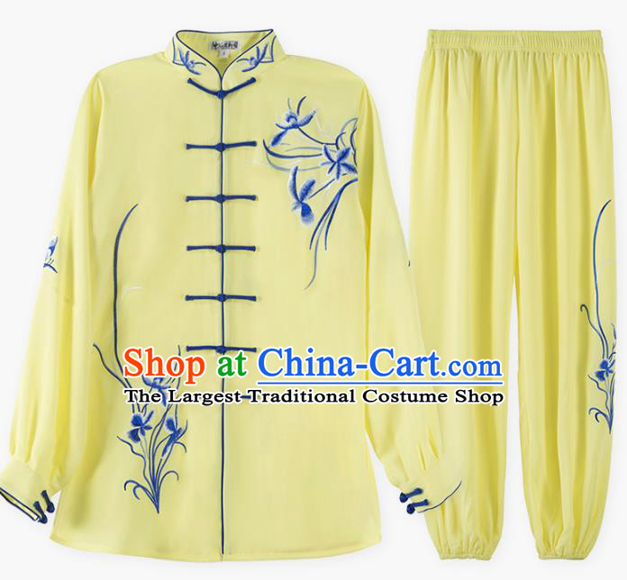 China Top Kung Fu Competition Costumes Tai Chi Training Embroidered Orchids Yellow Uniforms