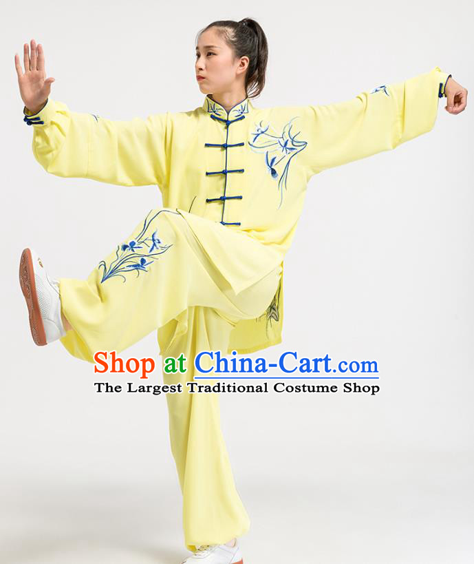 China Top Kung Fu Competition Costumes Tai Chi Training Embroidered Orchids Yellow Uniforms