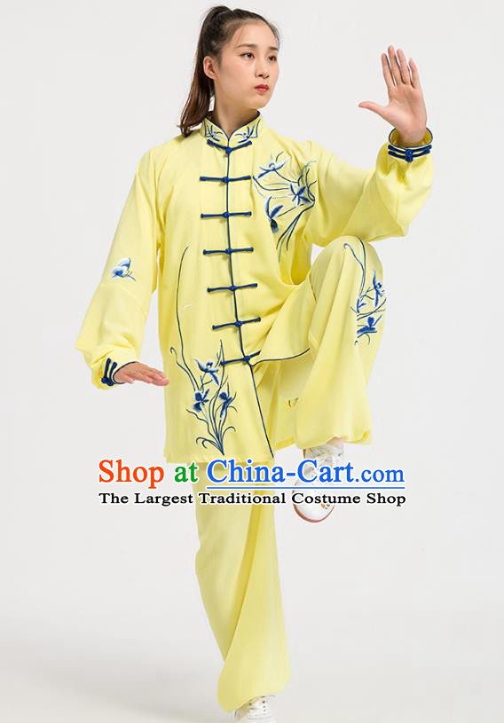 China Top Kung Fu Competition Costumes Tai Chi Training Embroidered Orchids Yellow Uniforms