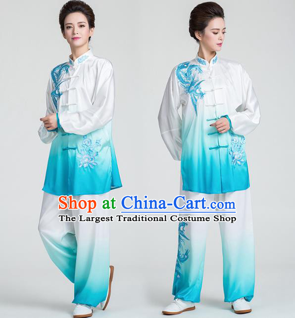 China Kung Fu Embroidered Phoenix Peony Blue Uniforms Traditional Tai Chi Competition Clothing
