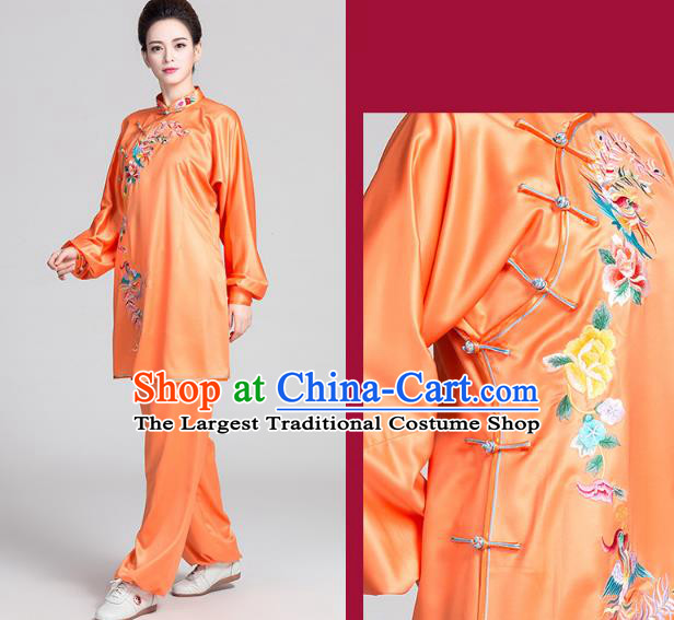 China Traditional Embroidered Phoenix Peony Orange Satin Uniforms Kung Fu Tai Chi Clothing