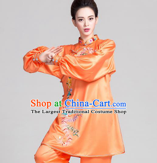 China Traditional Embroidered Phoenix Peony Orange Satin Uniforms Kung Fu Tai Chi Clothing
