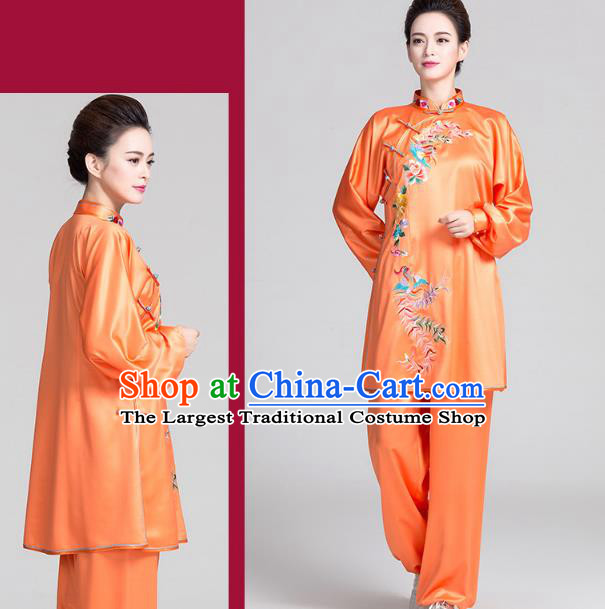 China Traditional Embroidered Phoenix Peony Orange Satin Uniforms Kung Fu Tai Chi Clothing
