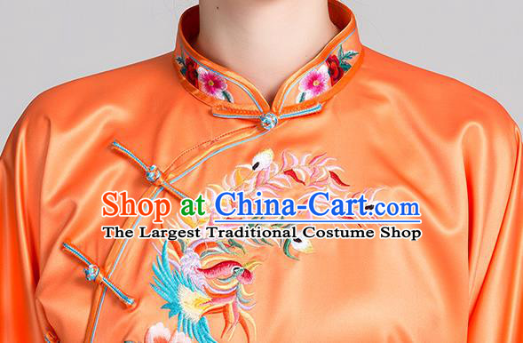 China Traditional Embroidered Phoenix Peony Orange Satin Uniforms Kung Fu Tai Chi Clothing