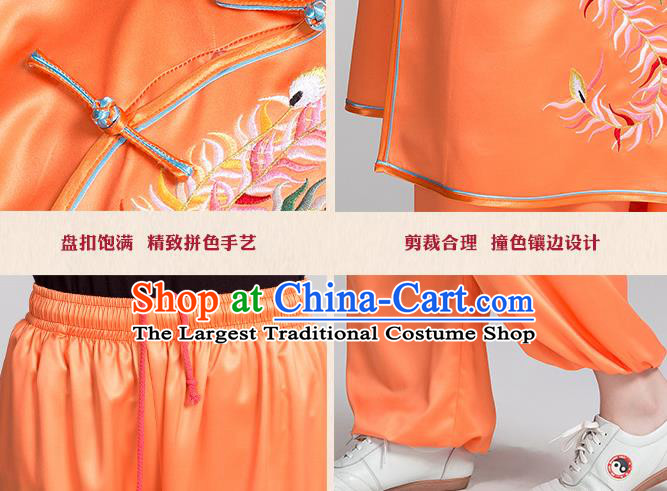 China Traditional Embroidered Phoenix Peony Orange Satin Uniforms Kung Fu Tai Chi Clothing