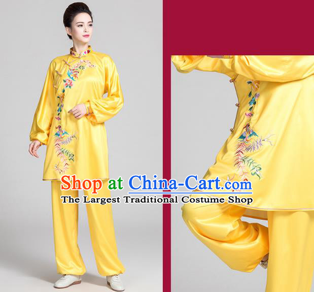 China Tai Chi Exercise Clothing Traditional Martial Arts Embroidered Phoenix Peony Yellow Satin Uniforms