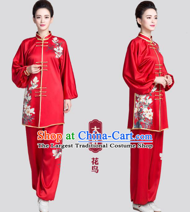 China Kung Fu Tai Chi Clothing Traditional Martial Arts Printing Mangnolia Red Satin Uniforms