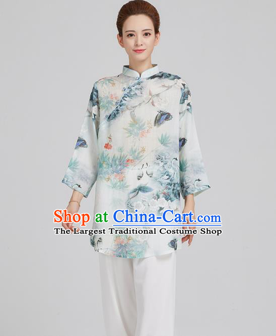 China Top Kung Fu Costume Tai Chi Clothing Tang Suit Printing Pear Blossom White Flax Shirt