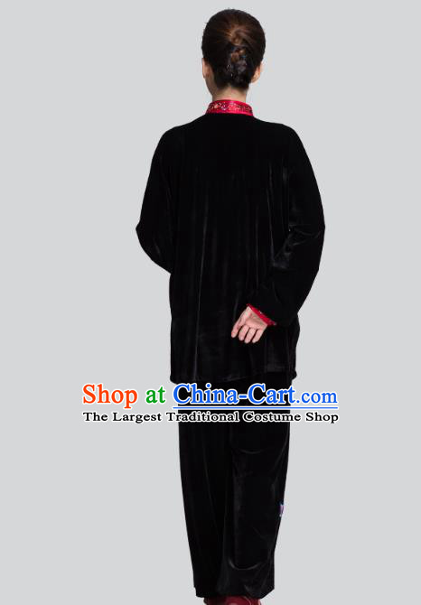 China Tai Chi Competition Clothing Traditional Embroidered Peony Butterfly Black Pleuche Uniforms