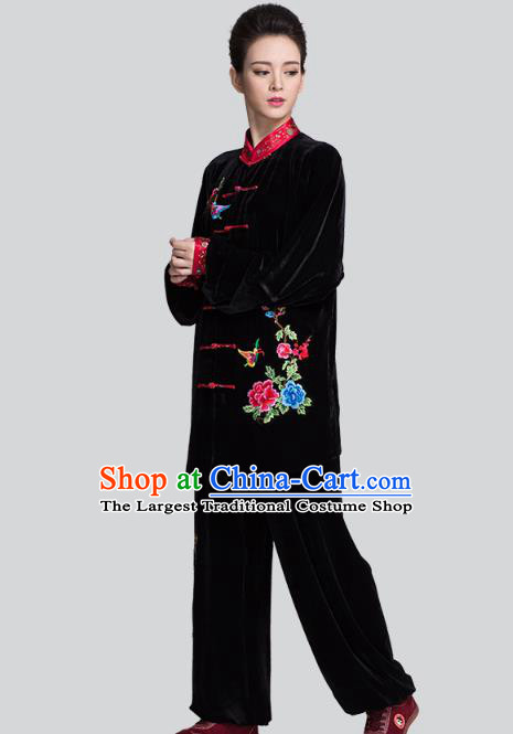 China Tai Chi Competition Clothing Traditional Embroidered Peony Butterfly Black Pleuche Uniforms