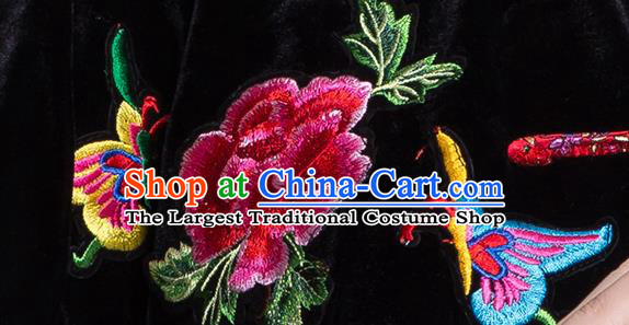 China Tai Chi Competition Clothing Traditional Embroidered Peony Butterfly Black Pleuche Uniforms