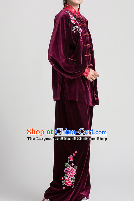 China Winter Tai Chi Training Clothing Traditional Embroidered Peony Wine Red Pleuche Uniforms