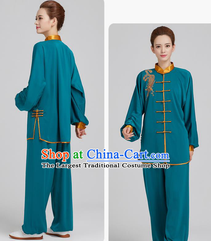 China Top Kung Fu Costumes Embroidered Tai Chi Training Blue Uniforms