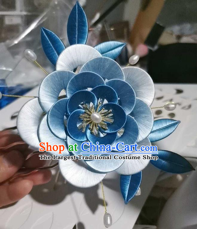 Chinese Handmade Blue Silk Camellia Hairpin Ancient Song Dynasty Princess Hair Comb Traditional Hair Jewelry