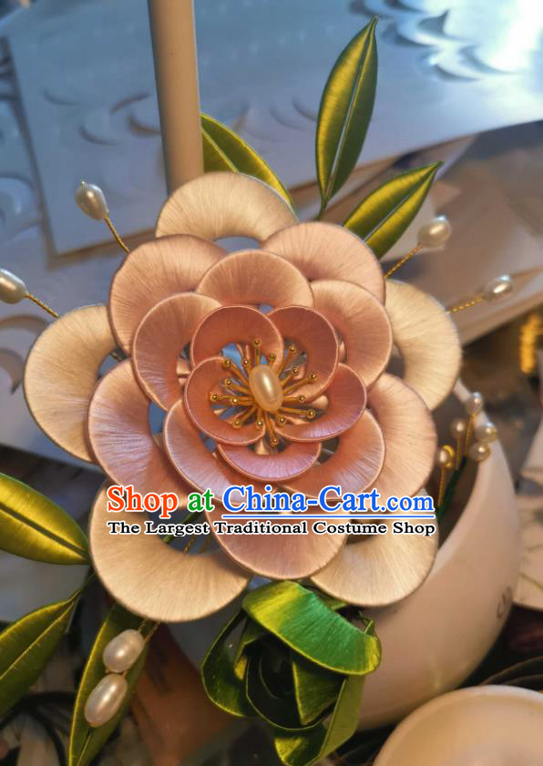 Chinese Ancient Song Dynasty Princess Hair Comb Traditional Hair Jewelry Handmade Orange Silk Camellia Hairpin