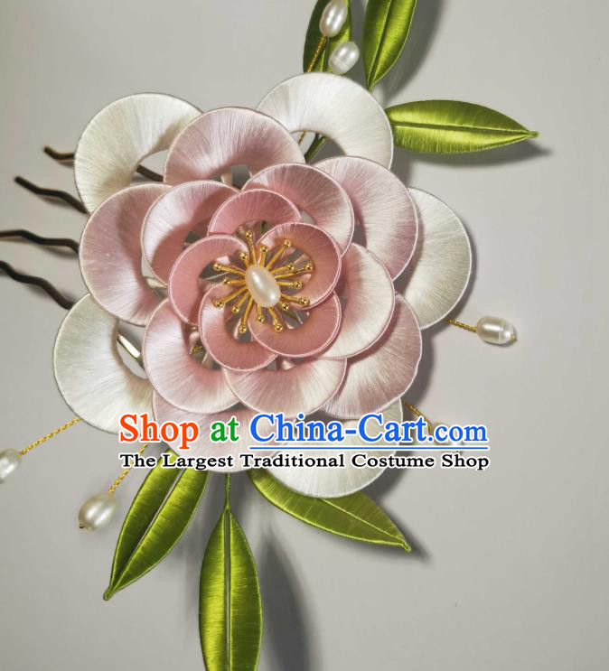 Chinese Traditional Pearls Hair Jewelry Handmade Pink Silk Camellia Hairpin Ancient Princess Hair Comb