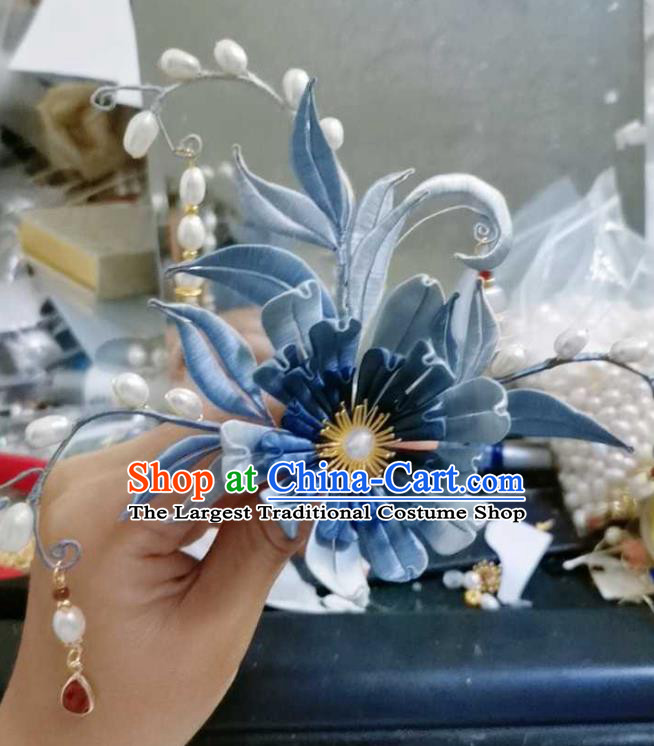 Chinese Handmade Blue Silk Chrysanthemum Hairpin Ancient Princess Pearls Tassel Hair Stick Traditional Hair Jewelry