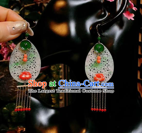 Handmade Chinese Jadeite Ear Accessories Traditional Culture Jewelry Cheongsam Silver Earrings