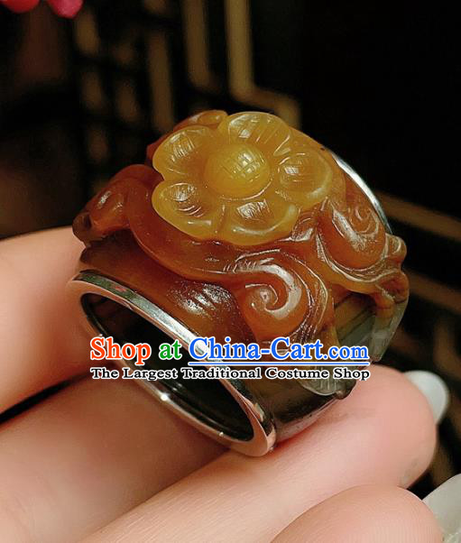 Chinese National Ring Silver Jewelry Traditional Handmade Jadeite Carving Plum Circlet Accessories