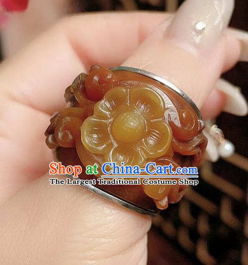 Chinese National Ring Silver Jewelry Traditional Handmade Jadeite Carving Plum Circlet Accessories