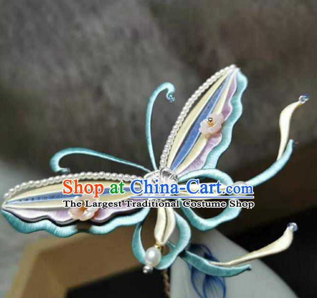 China Traditional Hair Accessories Song Dynasty Pearls Hairpin Handmade Ancient Princess Silk Dragonfly Hair Stick
