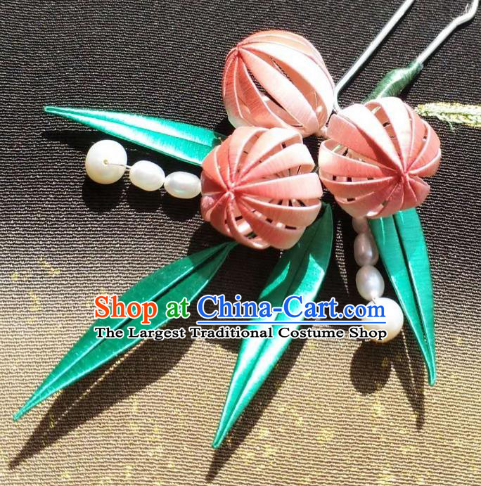 China Handmade Ancient Princess Silk Peach Hair Stick Traditional Hair Accessories Song Dynasty Hairpin