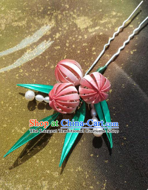 China Handmade Ancient Princess Silk Peach Hair Stick Traditional Hair Accessories Song Dynasty Hairpin