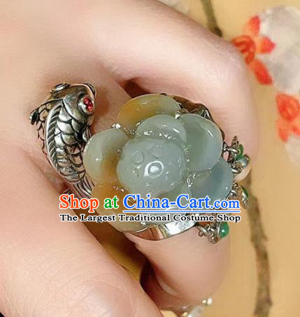 Top Chinese National Silver Carving Fish Ring Jewelry Traditional Handmade Accessories Jade Lotus Circlet
