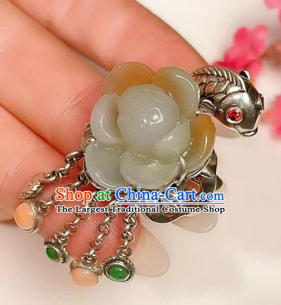 Top Chinese National Silver Carving Fish Ring Jewelry Traditional Handmade Accessories Jade Lotus Circlet