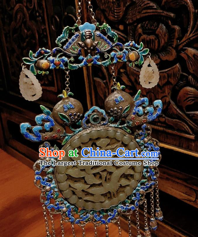 China Traditional Cloisonne Silver Necklace Accessories Handmade Jade Carving Crane Necklet Pendant