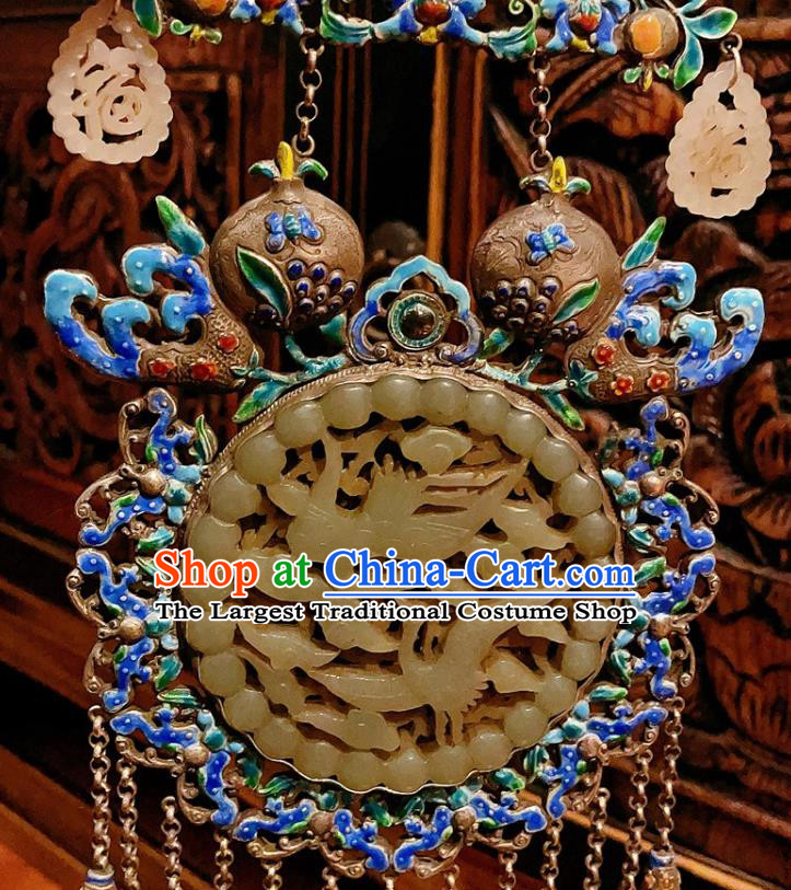 China Traditional Cloisonne Silver Necklace Accessories Handmade Jade Carving Crane Necklet Pendant