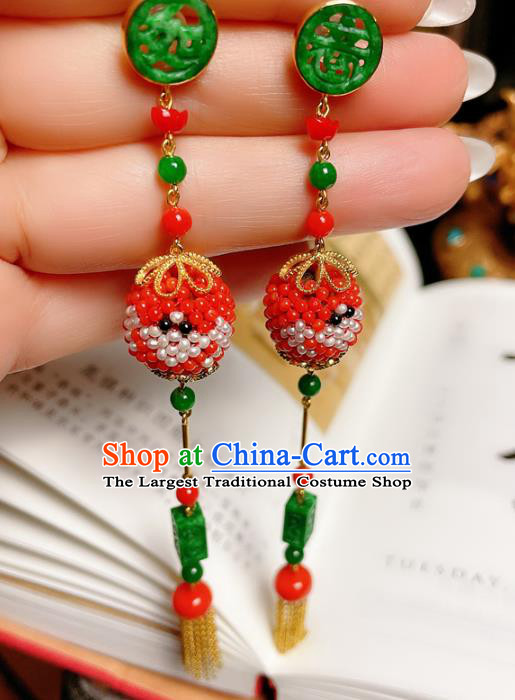 Chinese National Jadeite Tassel Earrings Traditional Jewelry Handmade Red Beads Ear Accessories