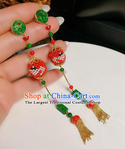 Chinese National Jadeite Tassel Earrings Traditional Jewelry Handmade Red Beads Ear Accessories