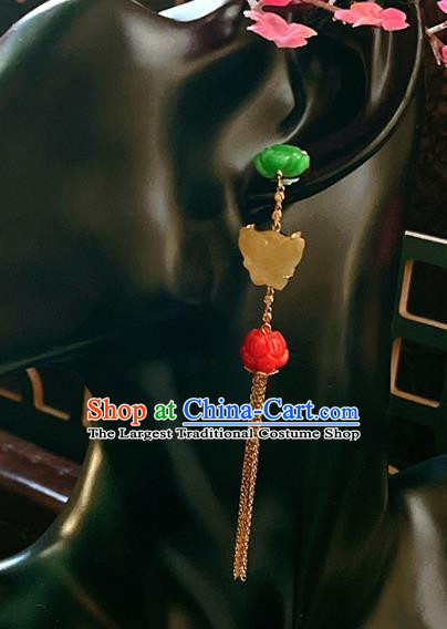 Chinese National Jade Butterfly Earrings Traditional Jewelry Handmade Golden Tassel Ear Accessories