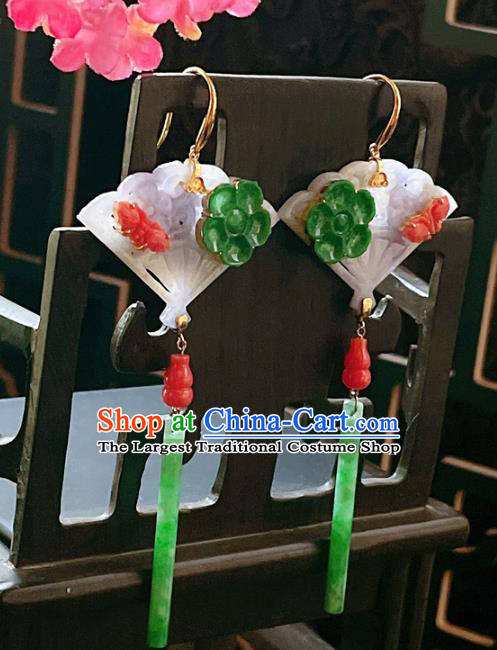 Chinese National Jadeite Fan Earrings Traditional Jewelry Handmade Ear Accessories