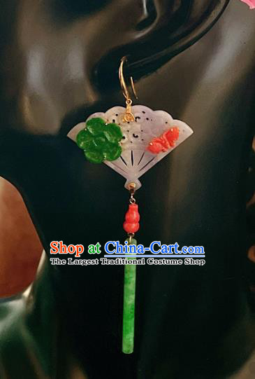 Chinese National Jadeite Fan Earrings Traditional Jewelry Handmade Ear Accessories